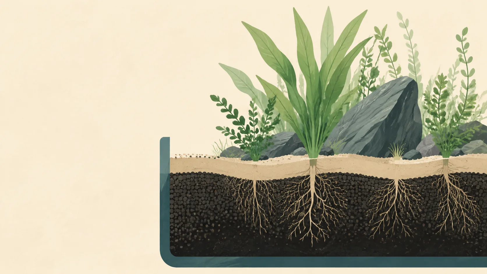 Illustration of a cross-section of dark aquarium soil under pale sand with plant roots reaching down.