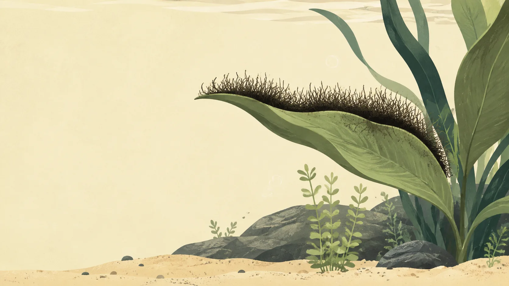 Illustration of dark bristly algae growing on the edge of a broad aquarium leaf underwater.