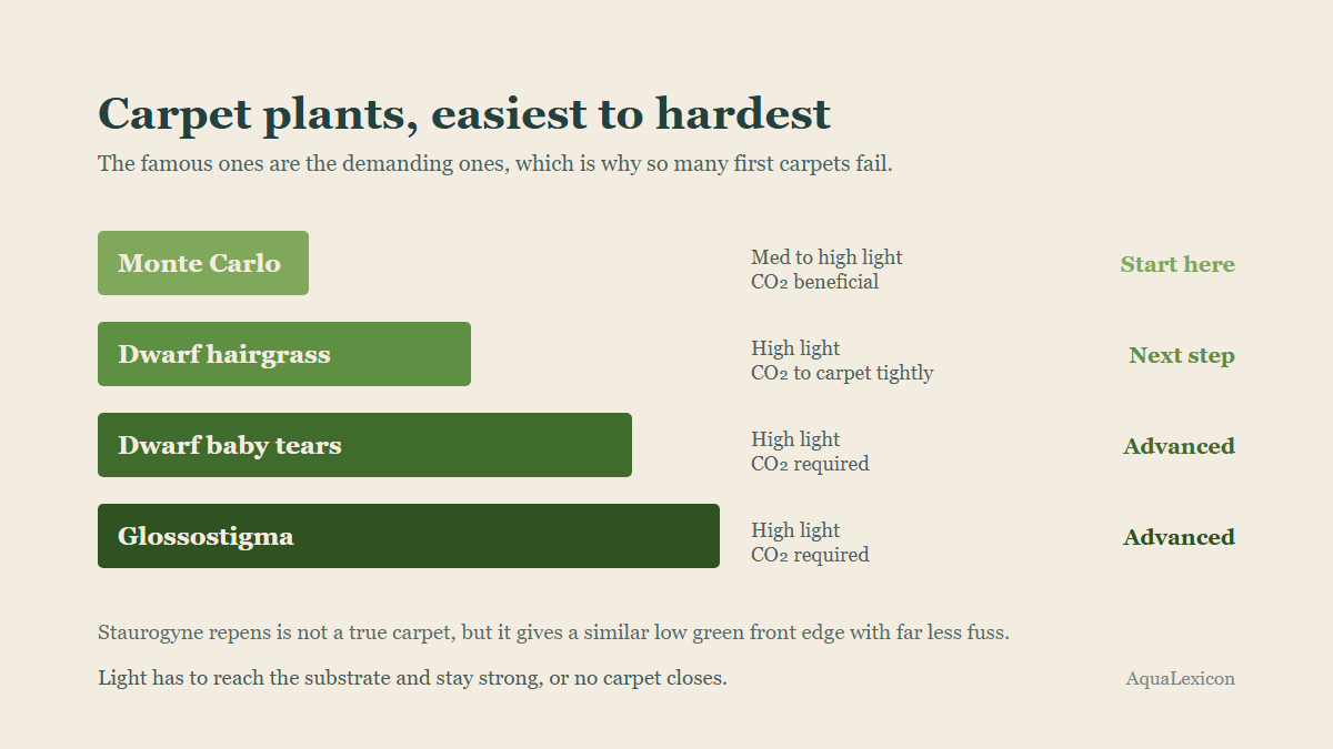 Carpet plants ranked easiest to hardest with the light and CO2 each needs: Monte Carlo, dwarf hairgrass, dwarf baby tears and Glossostigma.