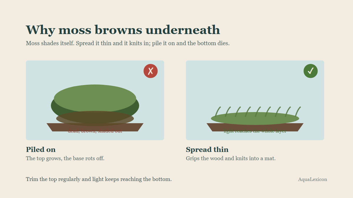 Two panels comparing moss on driftwood. A thick pile shades its own base, which browns and dies. A thin layer lets light through and knits into a healthy mat.