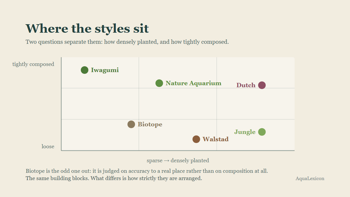 A chart plotting six aquascaping styles by how densely planted and how tightly composed they are, from sparse and composed (Iwagumi) to dense and loose (jungle).