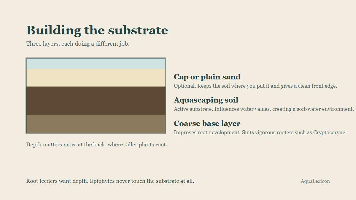 A cross-section of aquarium substrate showing three layers: a coarse base layer at the bottom, nutrient-rich aquascaping soil in the middle, and an optional sand cap on top.
