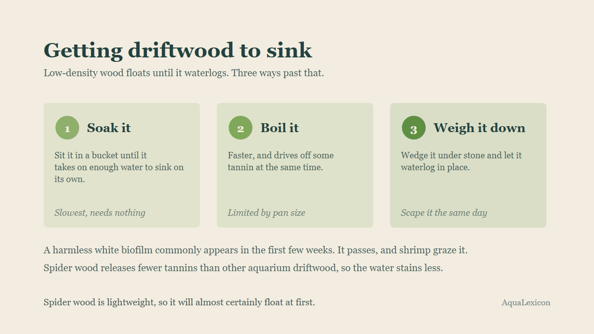 Three ways to waterlog buoyant driftwood so it sinks: soak it, boil it, or weigh it down with stone.