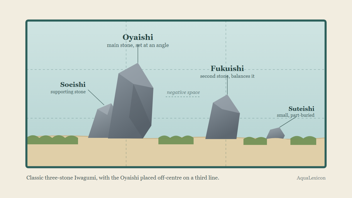Cross-section of a three-stone Iwagumi layout with the Oyaishi, Fukuishi, Soeishi and Suteishi labelled, rule-of-thirds guides marked and the negative space called out.