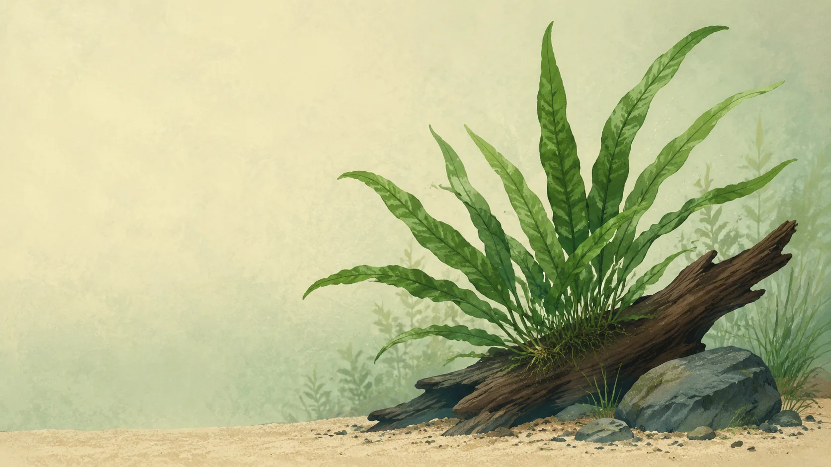 Illustration of a Java fern with long narrow ribbon leaves attached to driftwood underwater.