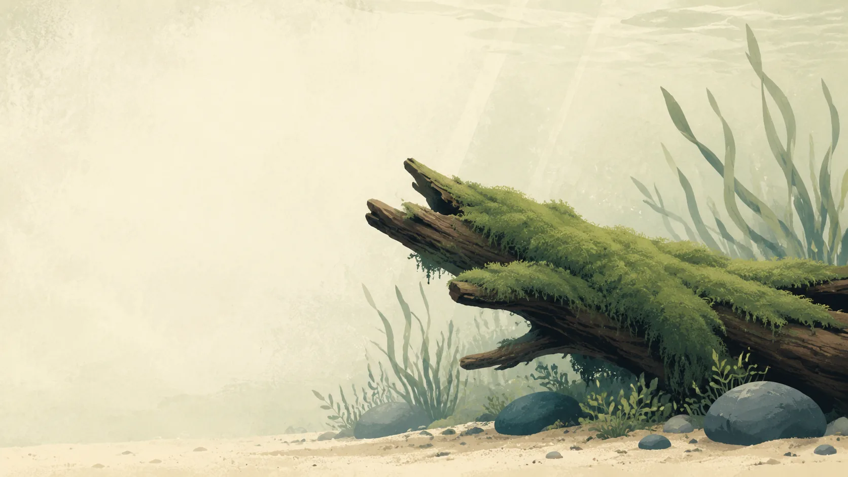 Illustration of a soft green moss growing over a piece of driftwood underwater.