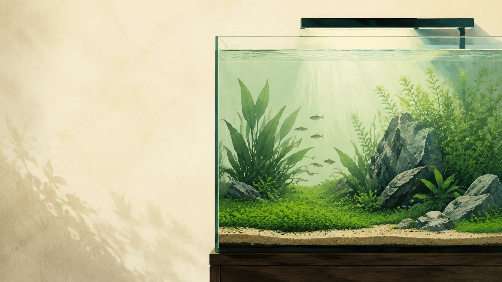 Illustration of a planted aquarium lit from above, light falling through the water onto a green carpet.